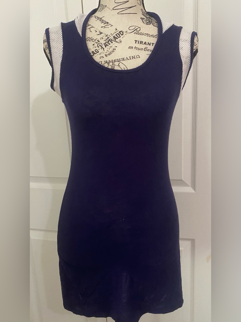 Navy Mini Dress with White Mesh Shoulder Panels and Hood